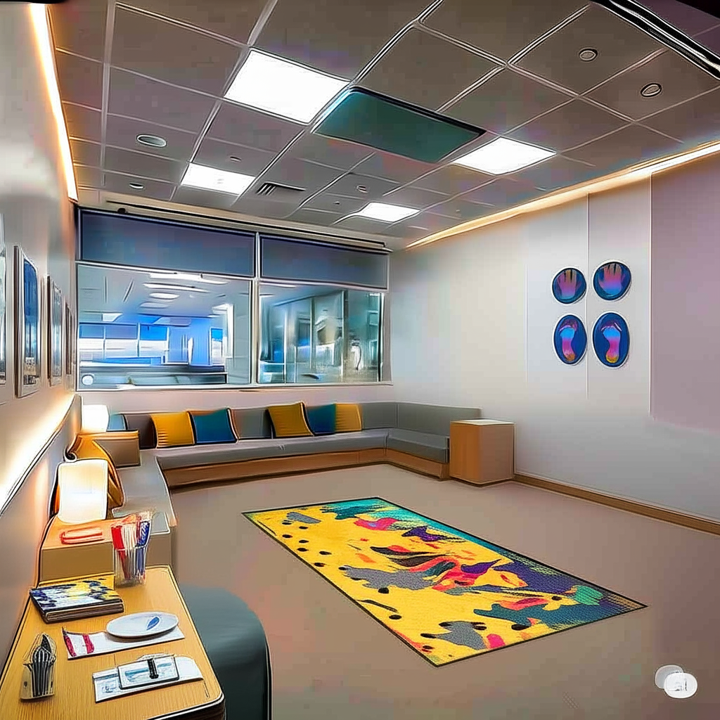 Modern hotel lobby with sensory pathway featuring textured flooring and calming lighting
