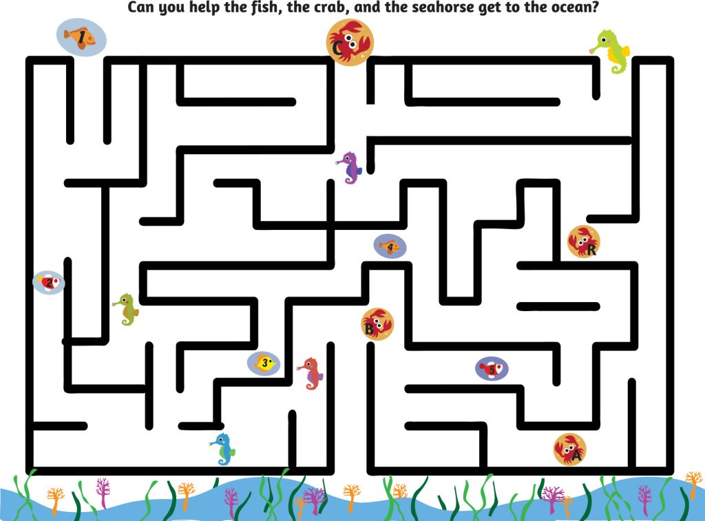 sensory wall graphic of a ocean theme maze