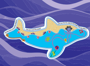 sensory wall graphic with mazes to trace and fish to count