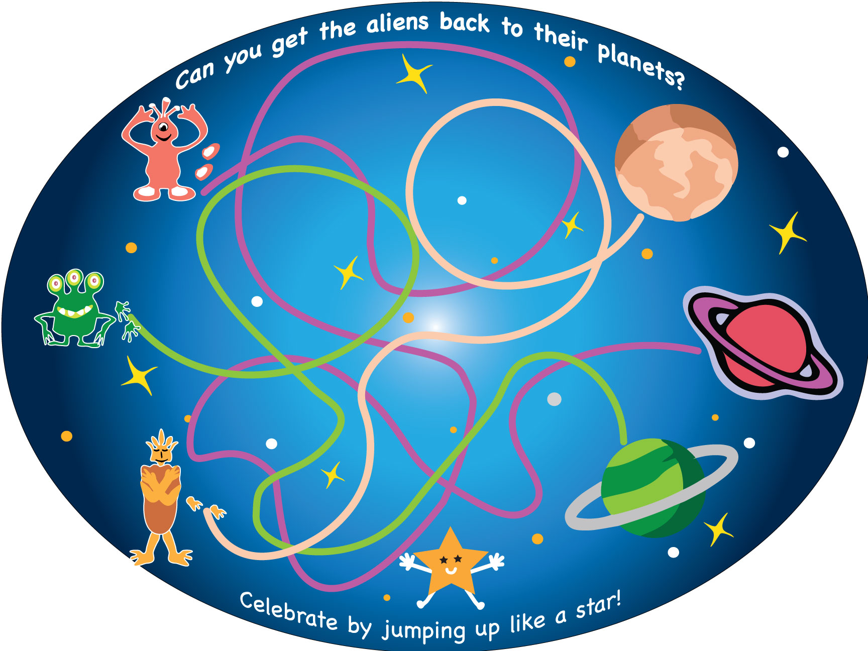 sensory wall graphic of outer space aliens in a maze to get home