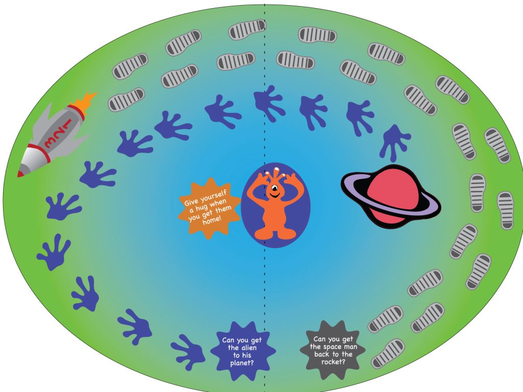 sensory wall graphic of footprints in outer space to trace