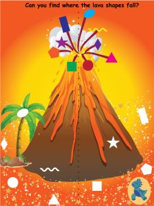 sensory wall graphic of an erupting volcano with shape identifiers
