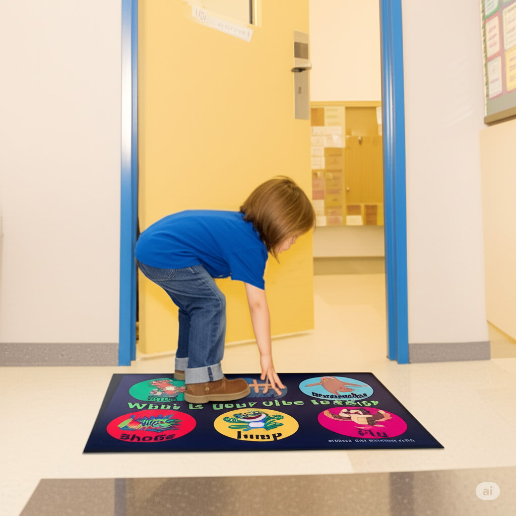 Student using sensory door mat at classroom entrance for movement break and regulation