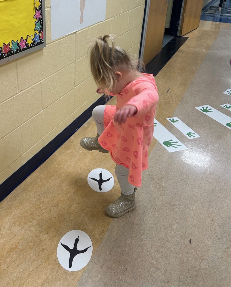 down syndrome child stomping on sensory path