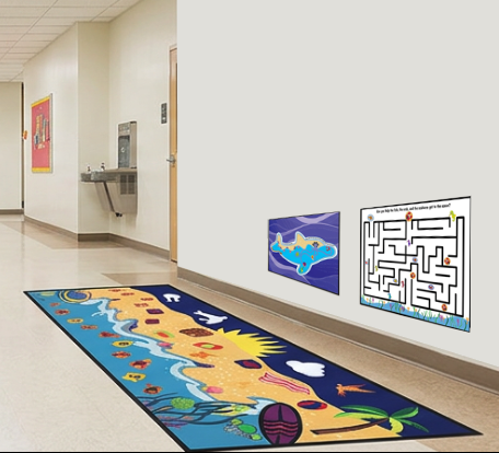 school hallway with sensory island wall graphics and mat