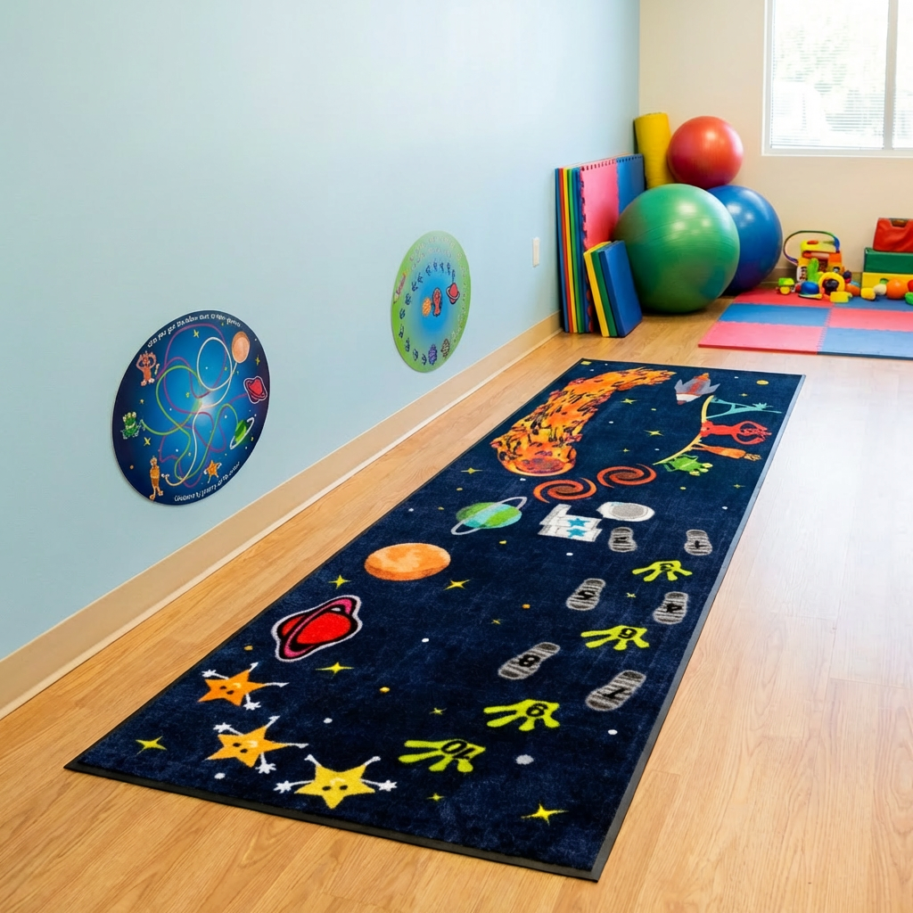 Therapy room with sensory outer space rug and wall graphics