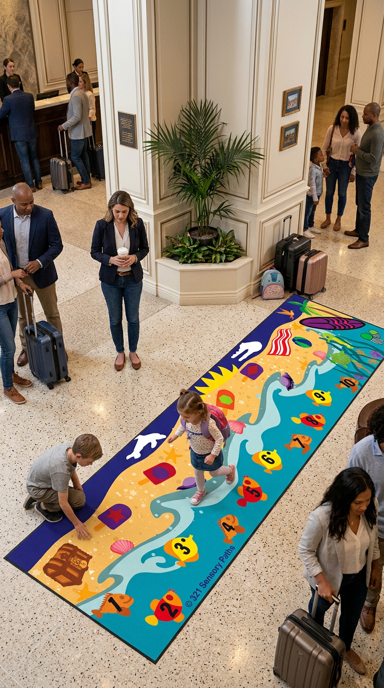 sensory path rug in use in a hotel lobby